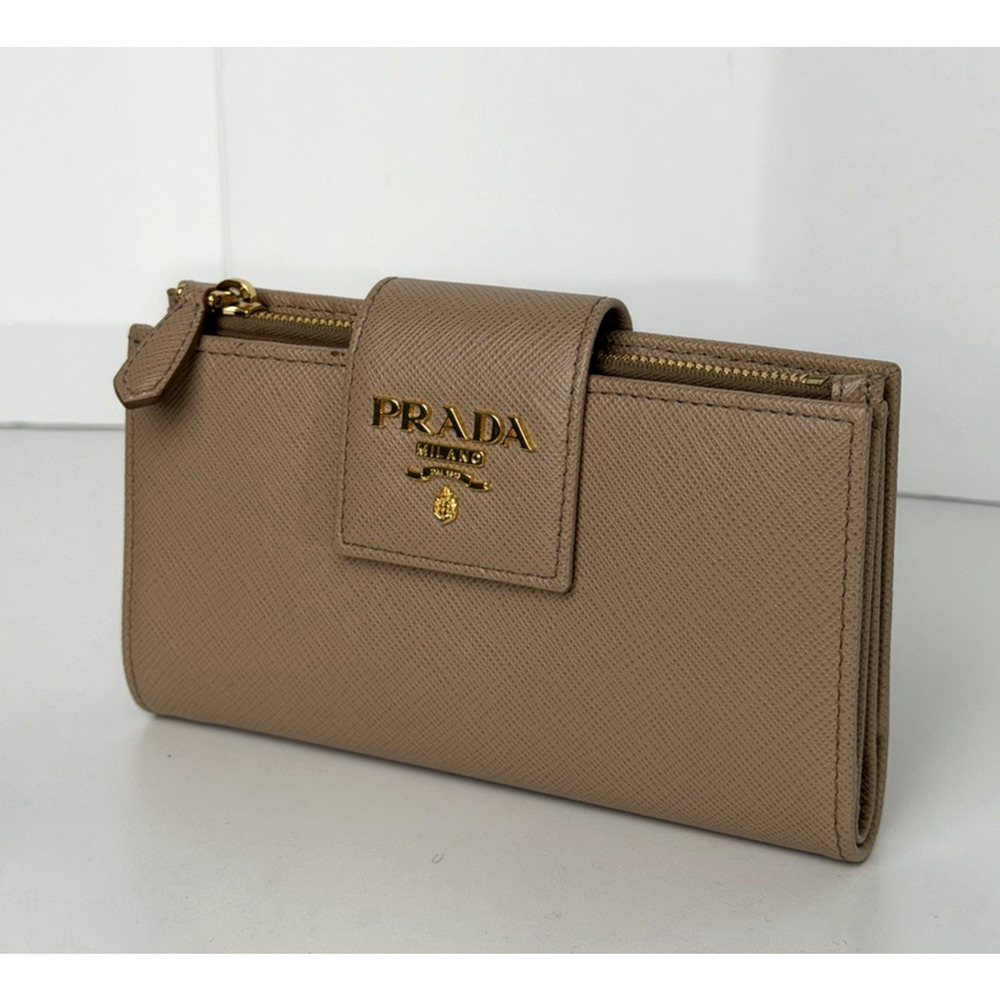 Prada Saffiano Leather Wallet in a Neutral or Beige Color